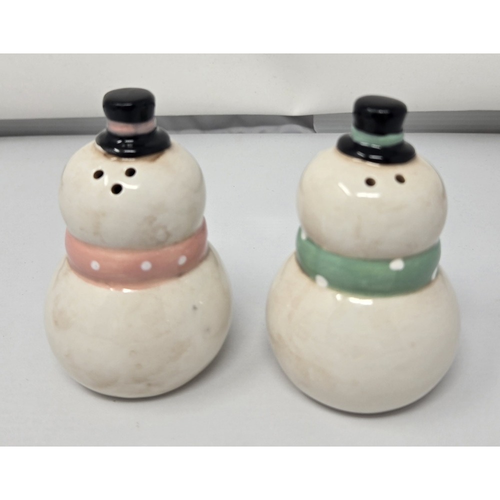 Johanna Parker Snowman Salt & Pepper Shakers set Pastel Pink Mint Green NWOB - Picture 3 of 6
